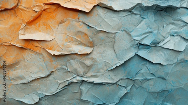 Fototapeta Crumpled paper texture in orange and blue tones creates artistic visual effect