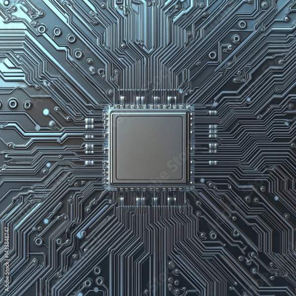 Fototapeta A silver circuit board with a square chip in the center.
