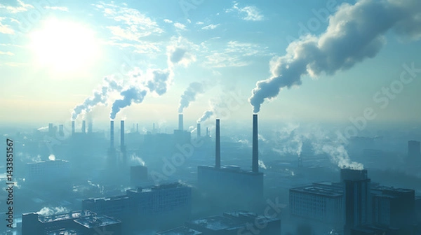 Fototapeta Industrial Smog and Pollution Aerial View of Factory Emissions at Sunrise
