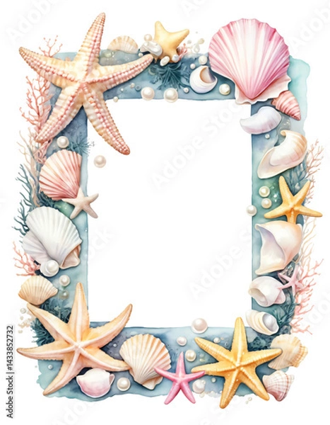 Fototapeta Watercolor, shell frame, starfish, pearl, seaweed and splashing sea water, isolated on white background, transparent png format.
