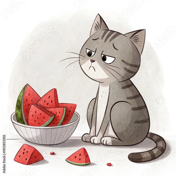 Obraz Disappointed cat and red watermelon pieces in a bowl create a funny and touching story
