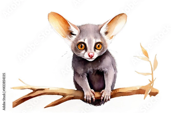 Obraz Watercolor bushbaby illustration sitting on branch and looking at viewer. African animal art on transparent background for nature project.