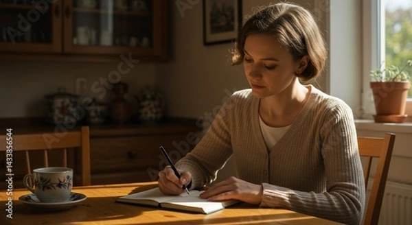 Fototapeta Woman journaling at her kitchen table in natural light, writing