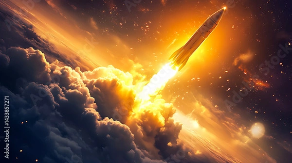 Fototapeta Rocket Launch at Sunrise A Dramatic Ascent Through the Clouds