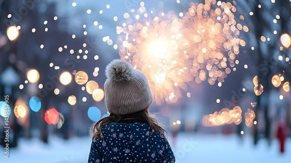 Obraz Child Gazing at Fireworks Display In Snowy City
