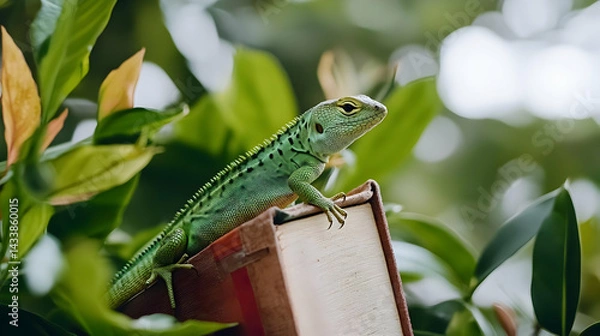 Obraz Green Lizard On Top Of Old Book In Foliage