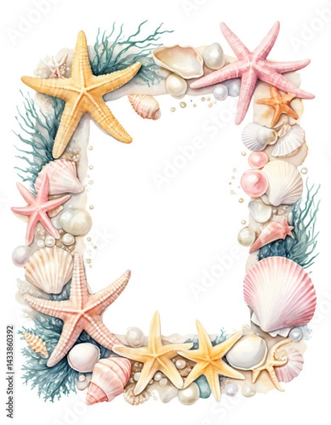 Fototapeta Watercolor, shell frame, starfish, pearl, seaweed and splashing sea water, isolated on white background, transparent png format.