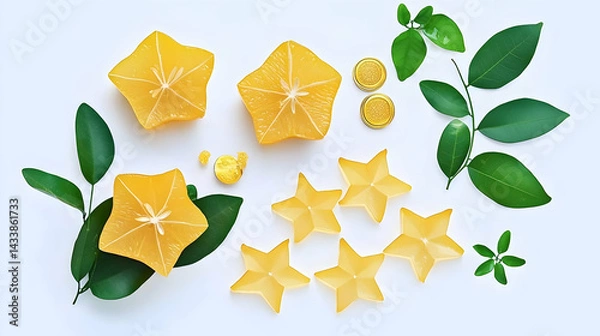 Obraz Arrangement Of Star Fruit Slices And Leaves On White Background