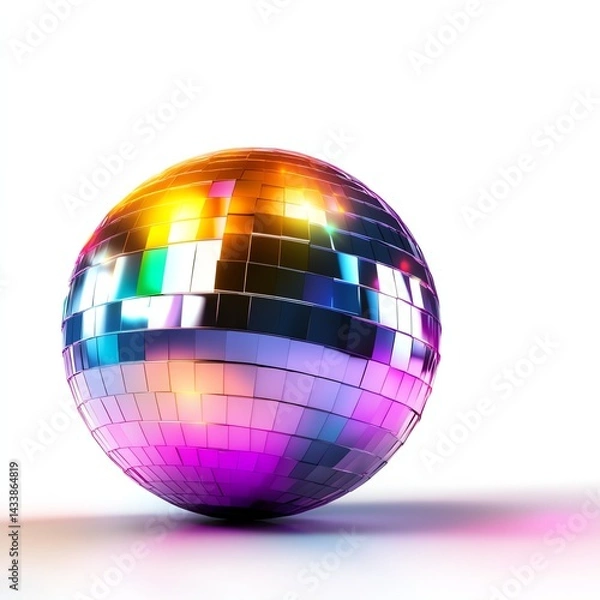 Fototapeta Shiny disco ball reflecting colorful lights on a white background.