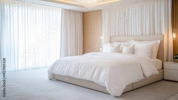 Fototapeta Luxurious, modern bedroom with large windows and soft, white linens