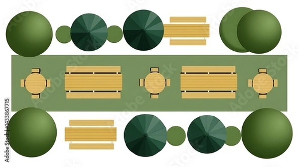 Obraz Flat and Simple Cartoon Look of Basic Beer Garden Layout with Tables and Trees