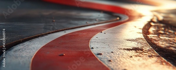 Obraz Close-up of a winding red and white racing track, textured surface. Sunlit, detailed view