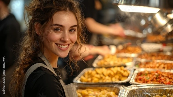 Fototapeta A volunteer helping to serve food at a Christian charity event, with people in need being served with kindness and compassion, symbolizing Christian service and love for others