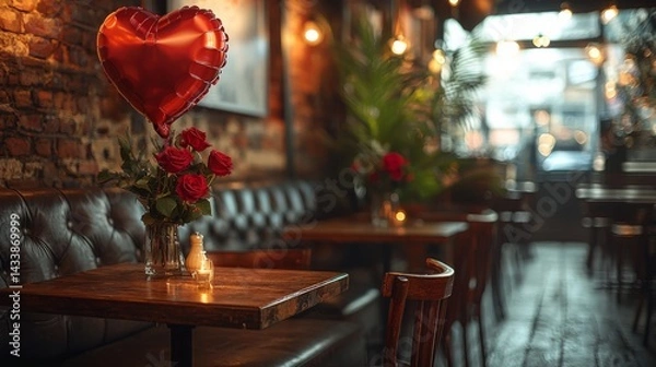 Fototapeta A warm, inviting restaurant interior with romantic decor such as heart-shaped balloons, red roses, and a softly lit atmosphere, perfect as a background for a Valentines Day promotional poster