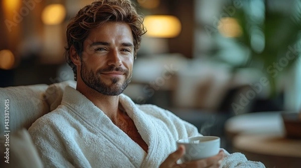 Fototapeta A well-groomed man in a luxurious spa robe sitting in a modern lounge area, holding a cup of herbal tea