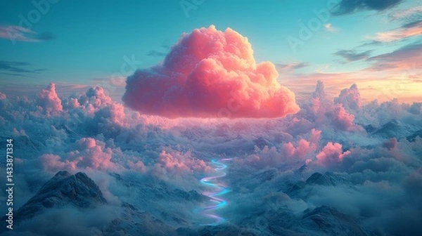 Fototapeta A whimsical image of a cloud-shaped hot air balloon floating over a mountain landscape, with rainbow-colored trails behind it, evoking a sense of adventure and freedom, in soft pastels