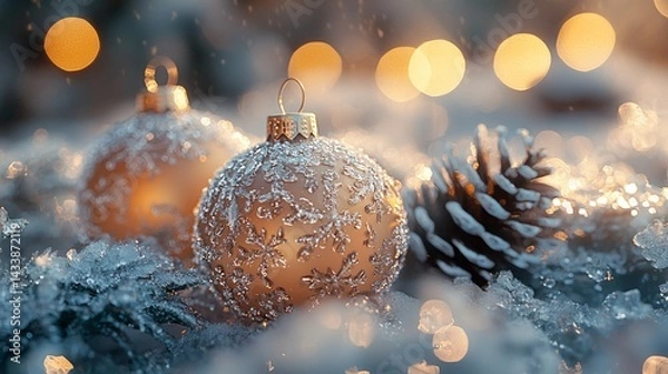 Fototapeta A winter-themed still life featuring frosted objects, such as icicles or ornaments, with soft, cool lighting