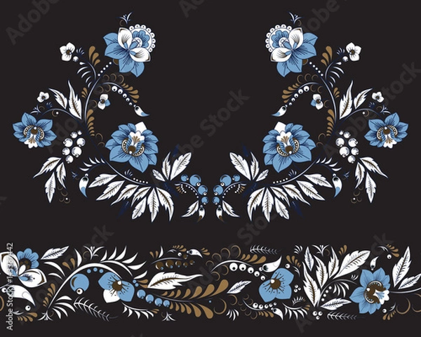 Fototapeta stock vector flowers and leaf ornament. oriental or russian pattern.necklace embroidery design