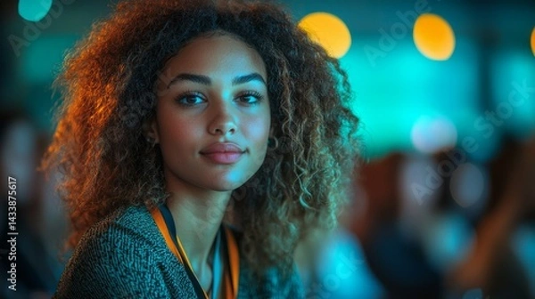 Fototapeta A young entrepreneur attending a conference, sitting in a panel discussion and engaging with industry leaders, symbolizing career growth through networking, in vibrant tones of blue, green, and silver
