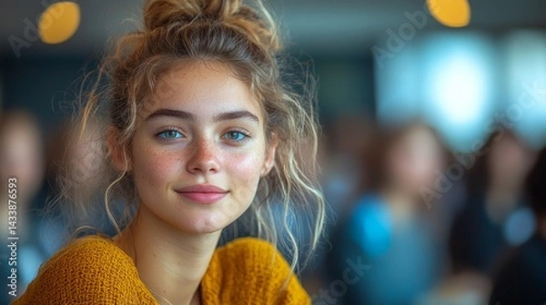 Fototapeta A young professional attending a leadership training seminar, taking notes and listening intently, in a bright conference room with a focus on personal development, in vibrant tones of blue and yellow