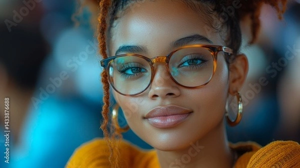 Fototapeta A young professional attending a leadership training seminar, taking notes and listening intently, in a bright conference room with a focus on personal development, in vibrant tones of blue and yellow
