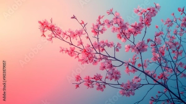 Fototapeta Bare tree branches with the first budding leaves against a gradient sky of pink and blue at sunrise