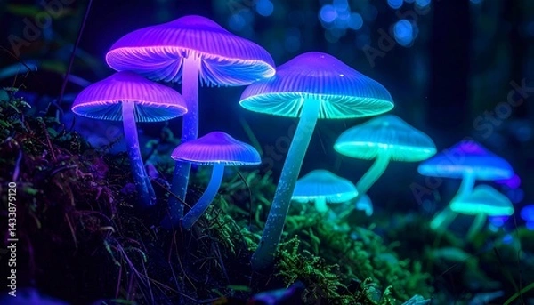 Fototapeta A glowing bioluminescent forest at night, mushrooms emitting soft neon light in shades of violet, aqua, and emerald.