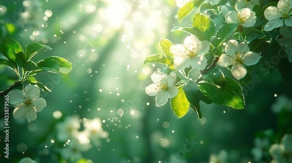Fototapeta Branches of an apple tree covered in white blossoms with sunlight filtering through, creating a dreamy bokeh effect