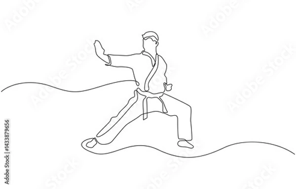 Fototapeta One continuous line drawing karate fighter in kimono practicing karate kick combat, Single line drawing of sporty young karateka man in fighting uniform with belt exercising martial arts in gym.