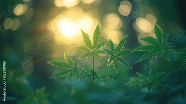 Fototapeta Bright green maple leaves glowing in the sunlight with a soft bokeh effect of a spring forest in the background