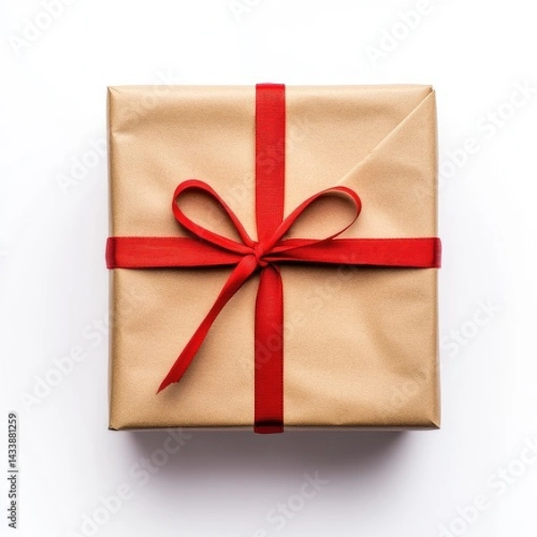Fototapeta Gift Box Wrapped in Brown Paper with Red Ribbon