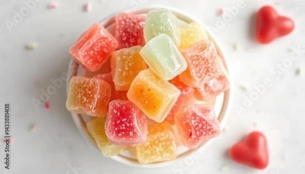 Fototapeta Colorful square candies in a small white bowl