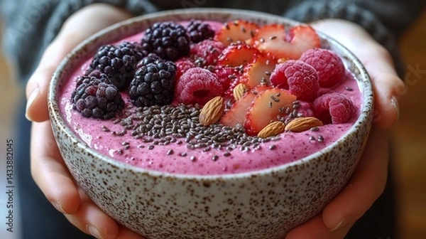 Fototapeta Close-up of hands holding a healthy smoothie bowl with fresh fruits, nuts, and seeds, bright kitchen with natural lighting