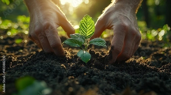 Fototapeta Close-up of hands planting a tree in rich, healthy soil, showing the importance of nature conservation, sunlight filtering through trees