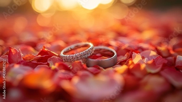 Fototapeta Close-up of wedding rings on a decorative pillow surrounded by rose petals and soft golden light creating a romantic atmosphere
