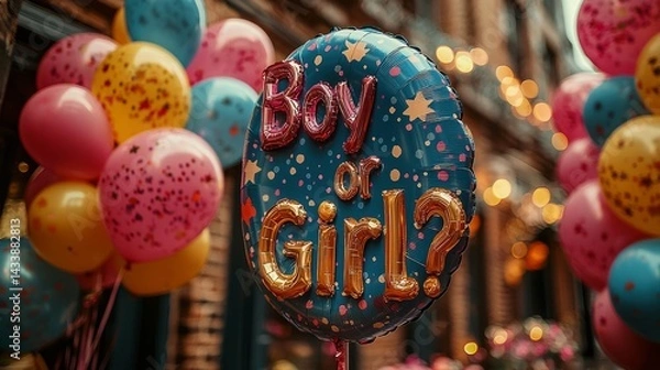Fototapeta Colorful gender reveal party with balloons, confetti, and a large "Boy or Girl?" sign in a beautiful outdoor setting, bright and festive atmosphere