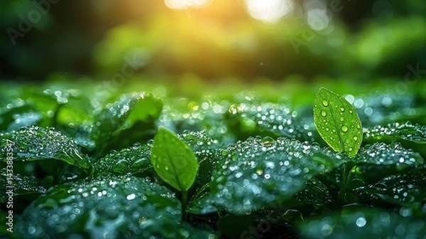 Fototapeta Dew-covered grass sparkling in the early morning sunlight, with tiny water droplets creating a soft and luminous texture