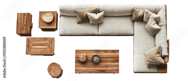 Obraz Contemporary living space design featuring a modular sofa and wooden accent tables isolated