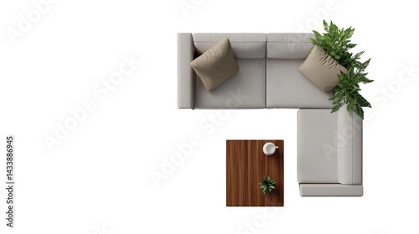 Obraz Minimalistic living room arrangement with modular sofa, wooden table, and indoor plants isolated