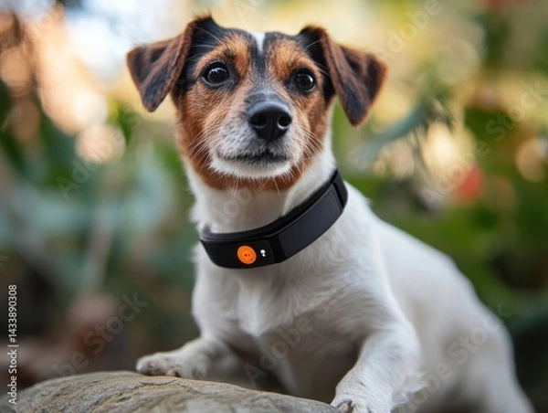 Fototapeta Smart collar tracks pet location, activity, and health, synced with owner's smartphone for monitoring
