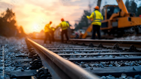 Fototapeta Construction Workers On Railroad Tracks At Sunset