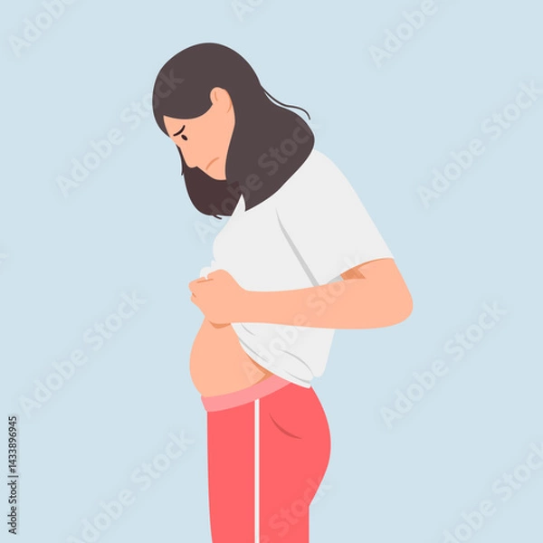 Fototapeta Woman sad and unhappy about obesity, excess fat. Worried and stressed weight. Flat design vector
