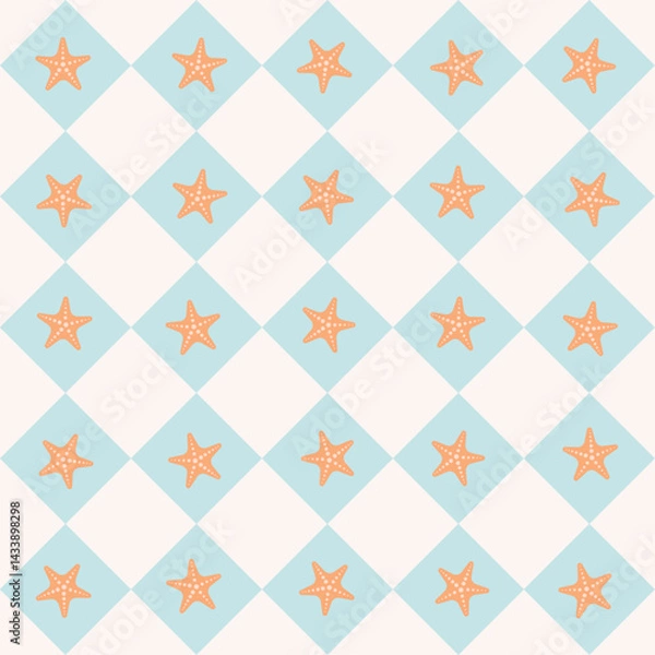 Fototapeta Orange starfish on blue square background. Vector illustration seamless pattern for background, wallpaper, wrapping and textile.