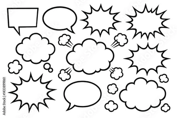 Fototapeta Collection of comic style icons featuring speech bubbles and explosion shapes for creative design projects