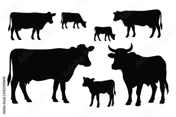 Fototapeta Varied silhouettes of cows representing different breeds, sizes, and life stages for design and educational purposes in agriculture