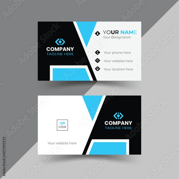 Fototapeta Modern, creative, and simple double-sided landscape orientation clean vector corporate business card template with stylish black and blue colour for business and personal use illustration design
