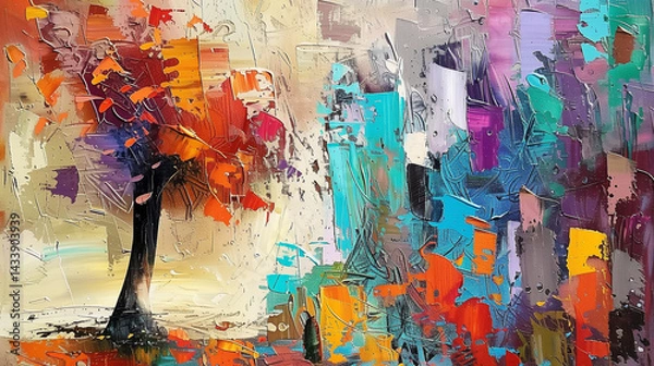 Fototapeta Colorful abstract tree with vibrant square leaves.