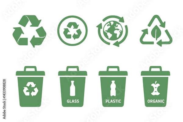 Fototapeta Icon set depicting recycling symbols and waste classification bins for environmentally friendly practices