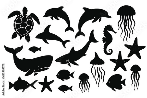 Fototapeta Icon set featuring marine creatures including a turtle, dolphins, jellyfish, seahorse, and more in black silhouette design