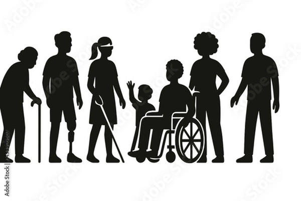 Fototapeta Diverse icon set representing individuals with disabilities engaging in various activities in an inclusive environment